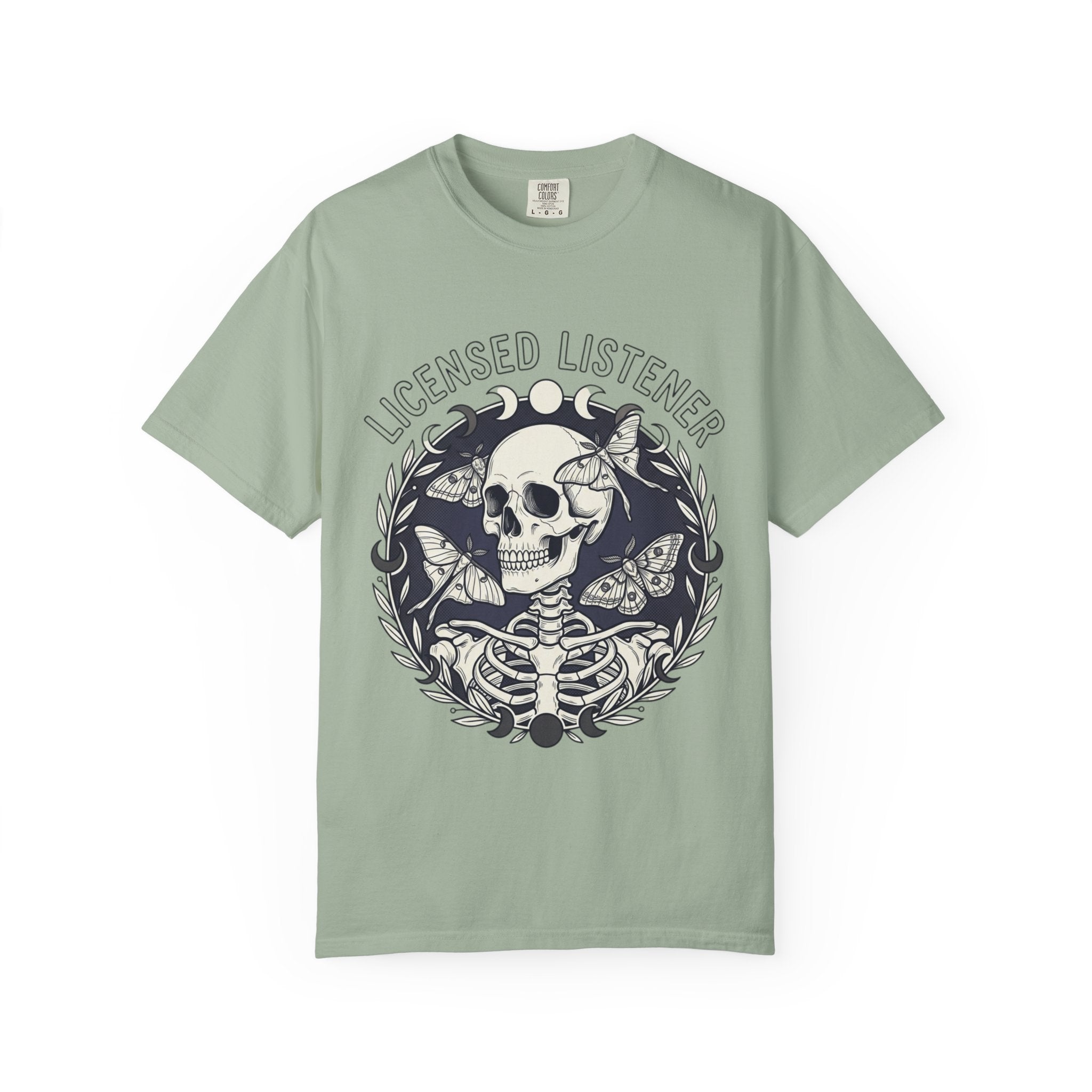 Licensed Listener Skull T-Shirt — Gothic Floral Graphic Tee for Music & Mystery Fans