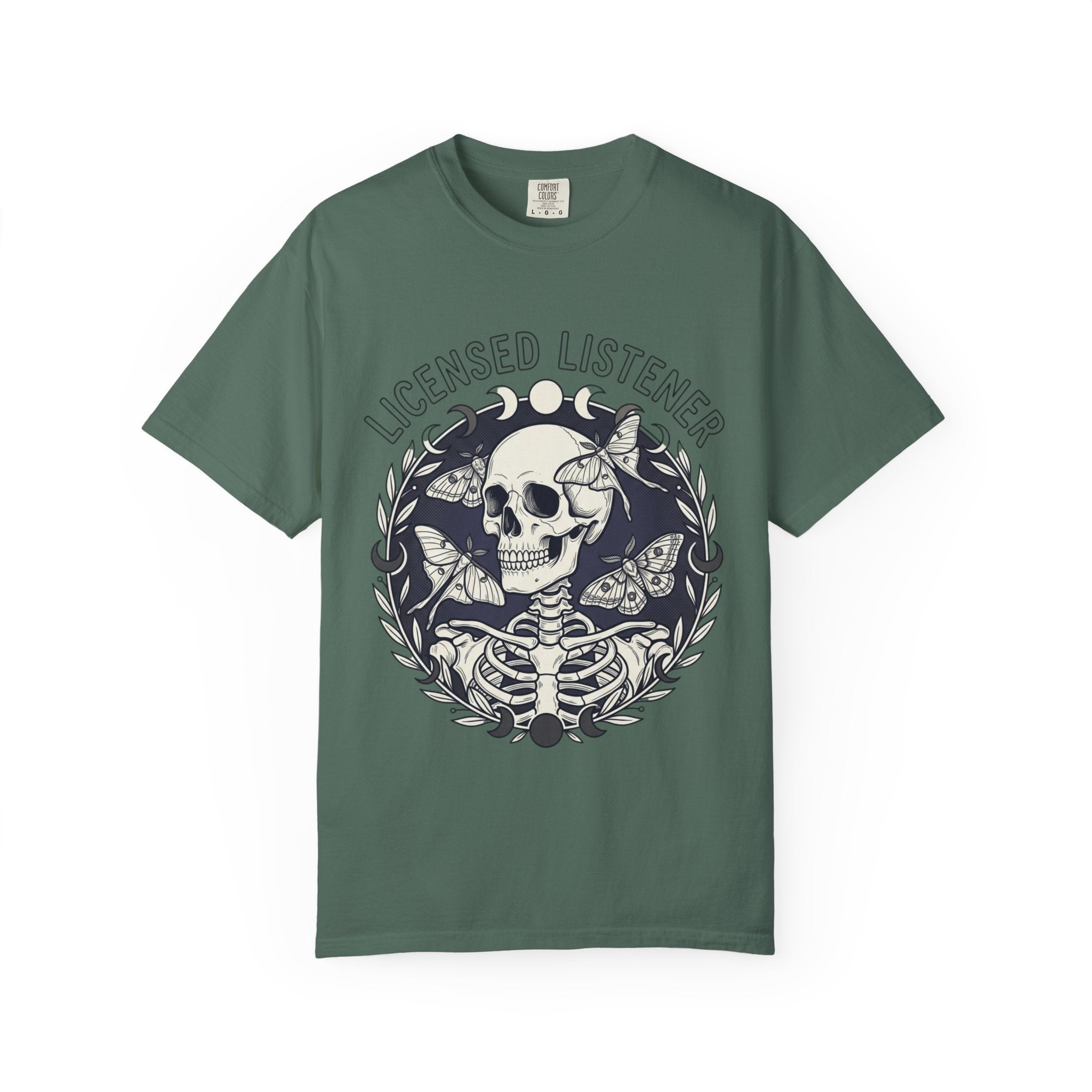 Licensed Listener Skull T-Shirt — Gothic Floral Graphic Tee for Music & Mystery Fans