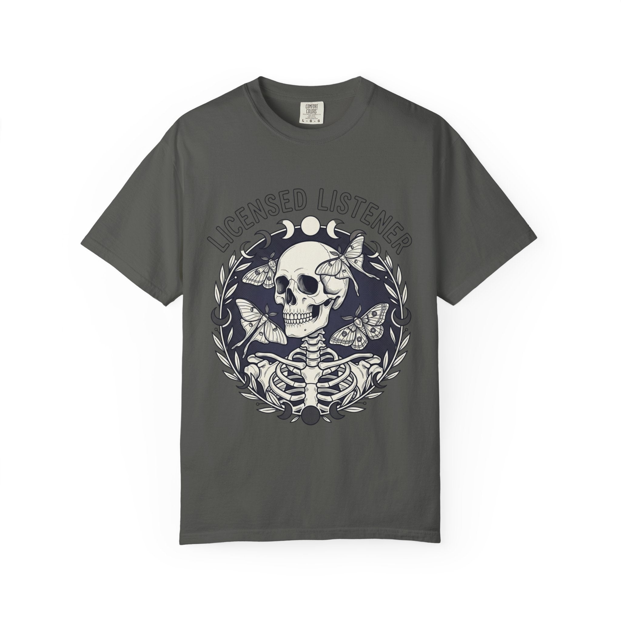 Licensed Listener Skull T-Shirt — Gothic Floral Graphic Tee for Music & Mystery Fans