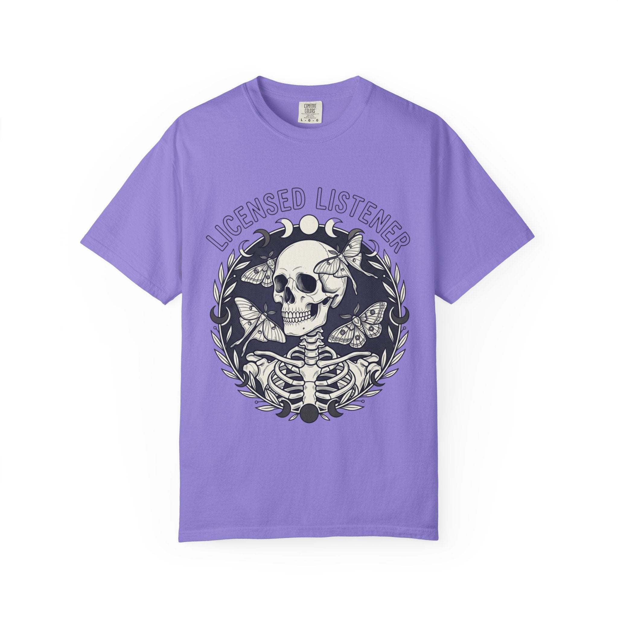 Licensed Listener Skull T-Shirt — Gothic Floral Graphic Tee for Music & Mystery Fans
