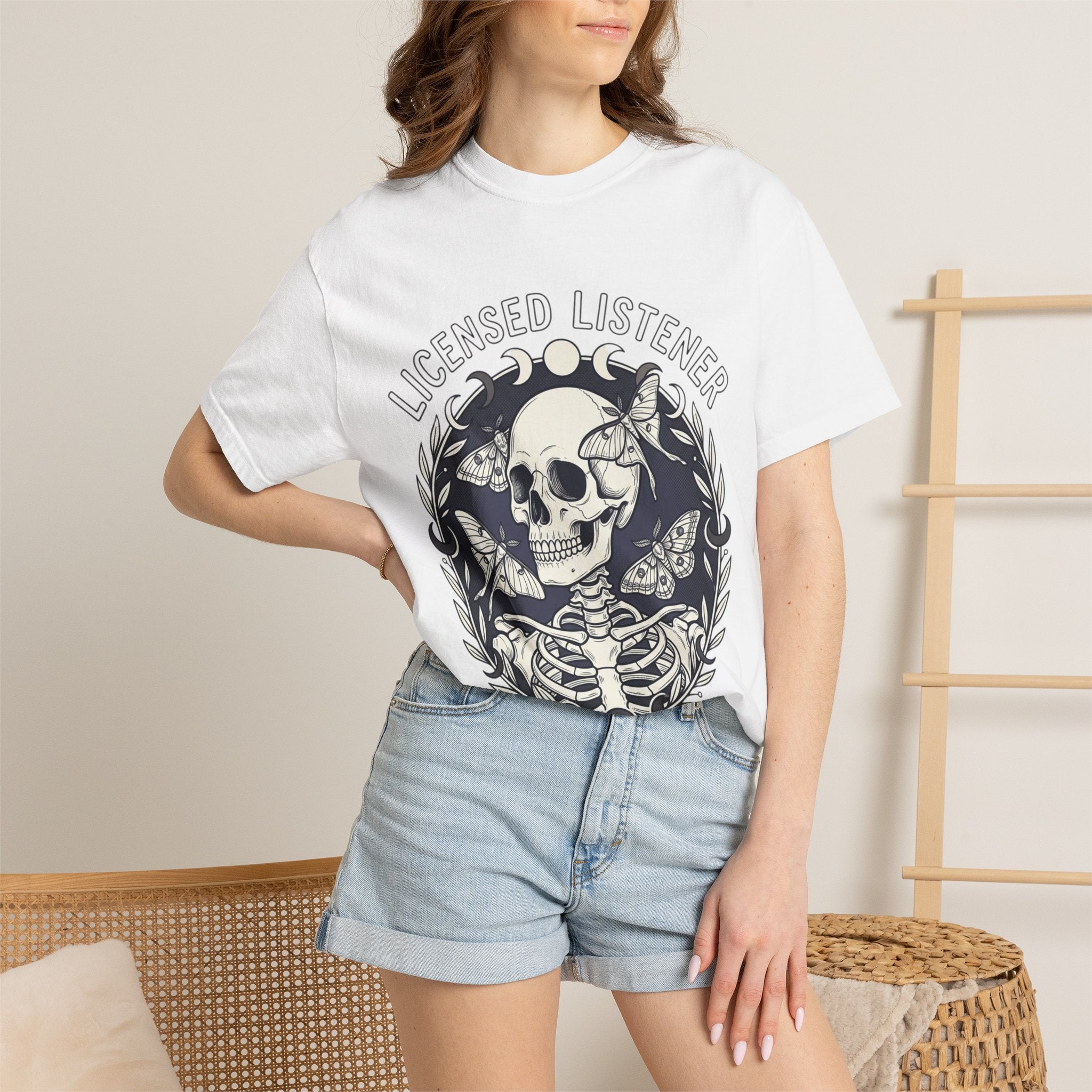 Licensed Listener Skull T-Shirt — Gothic Floral Graphic Tee for Music & Mystery Fans