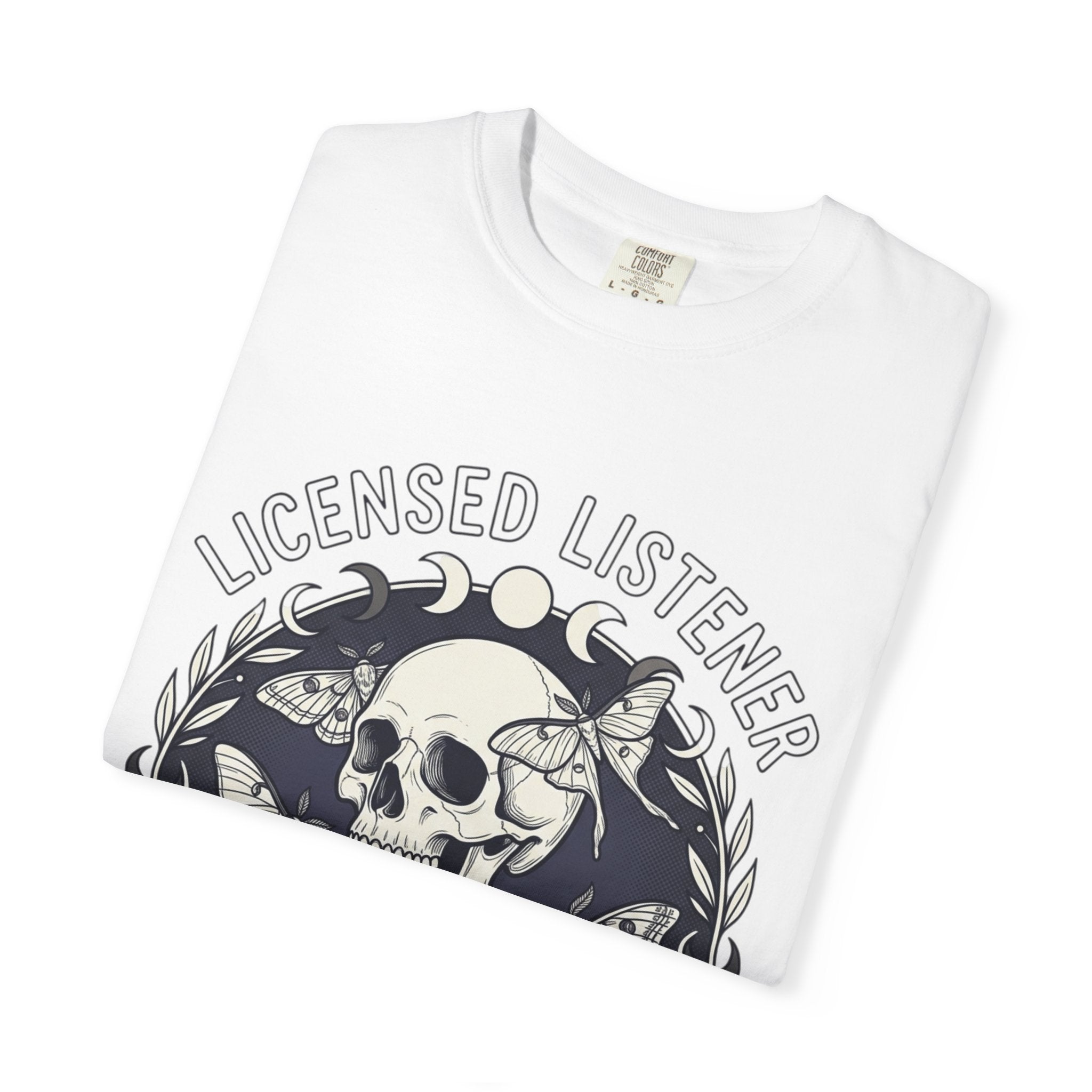 Licensed Listener Skull T-Shirt — Gothic Floral Graphic Tee for Music & Mystery Fans