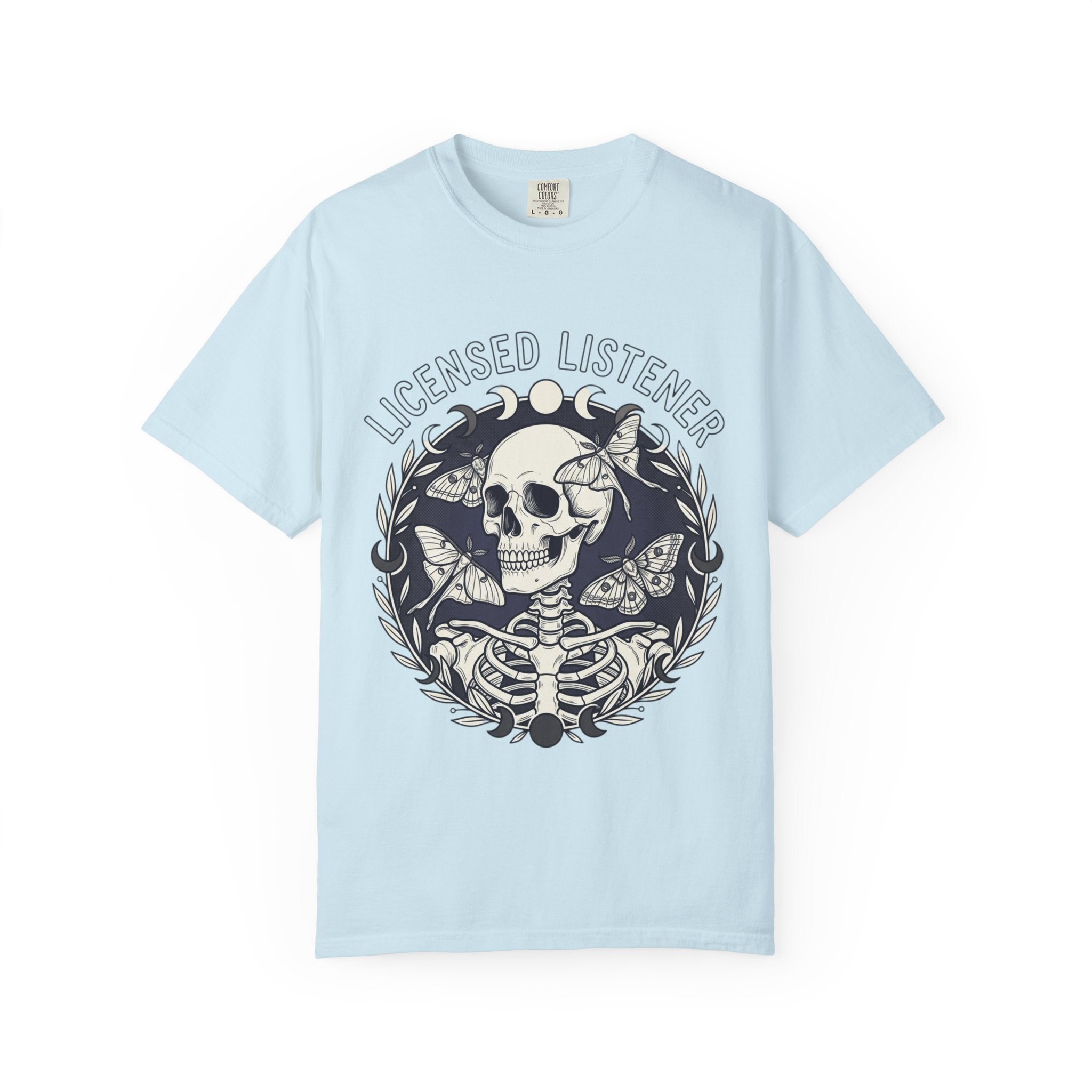 Licensed Listener Skull T-Shirt — Gothic Floral Graphic Tee for Music & Mystery Fans