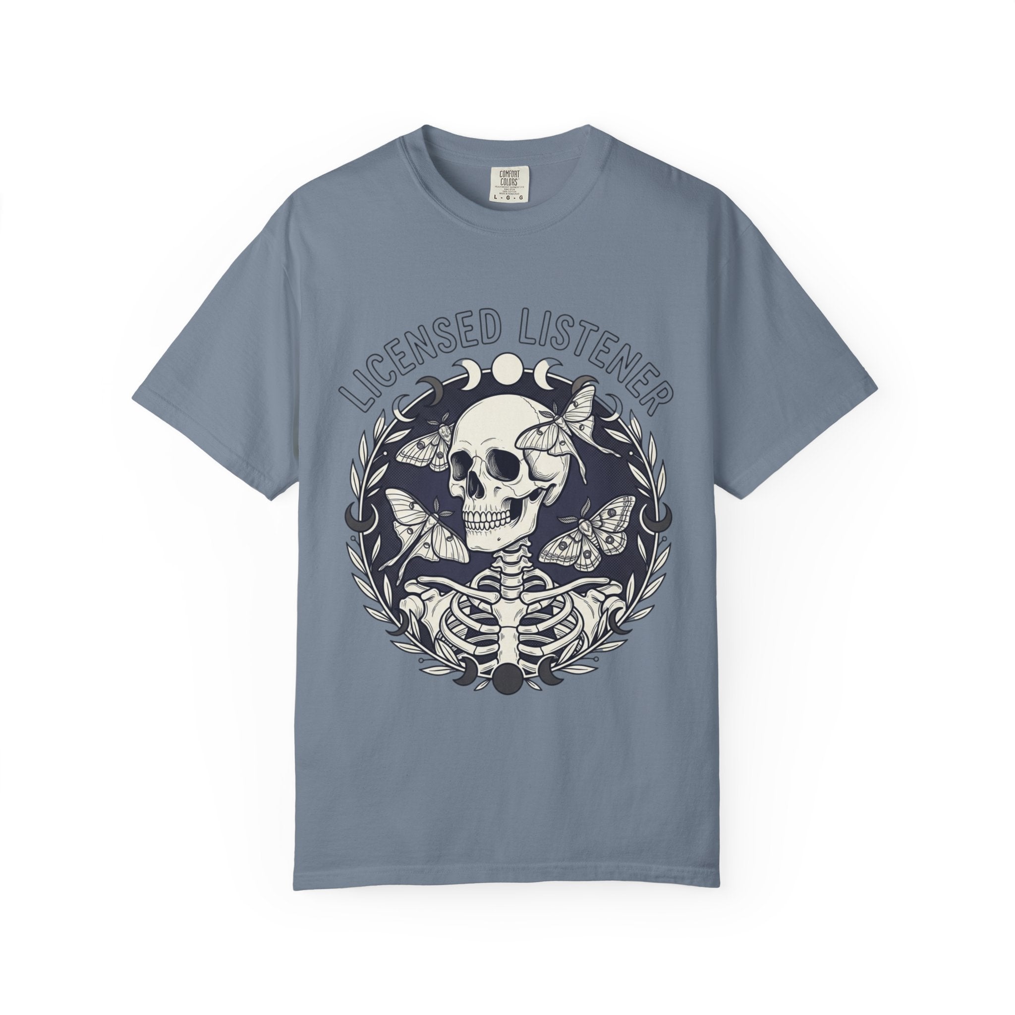 Licensed Listener Skull T-Shirt — Gothic Floral Graphic Tee for Music & Mystery Fans