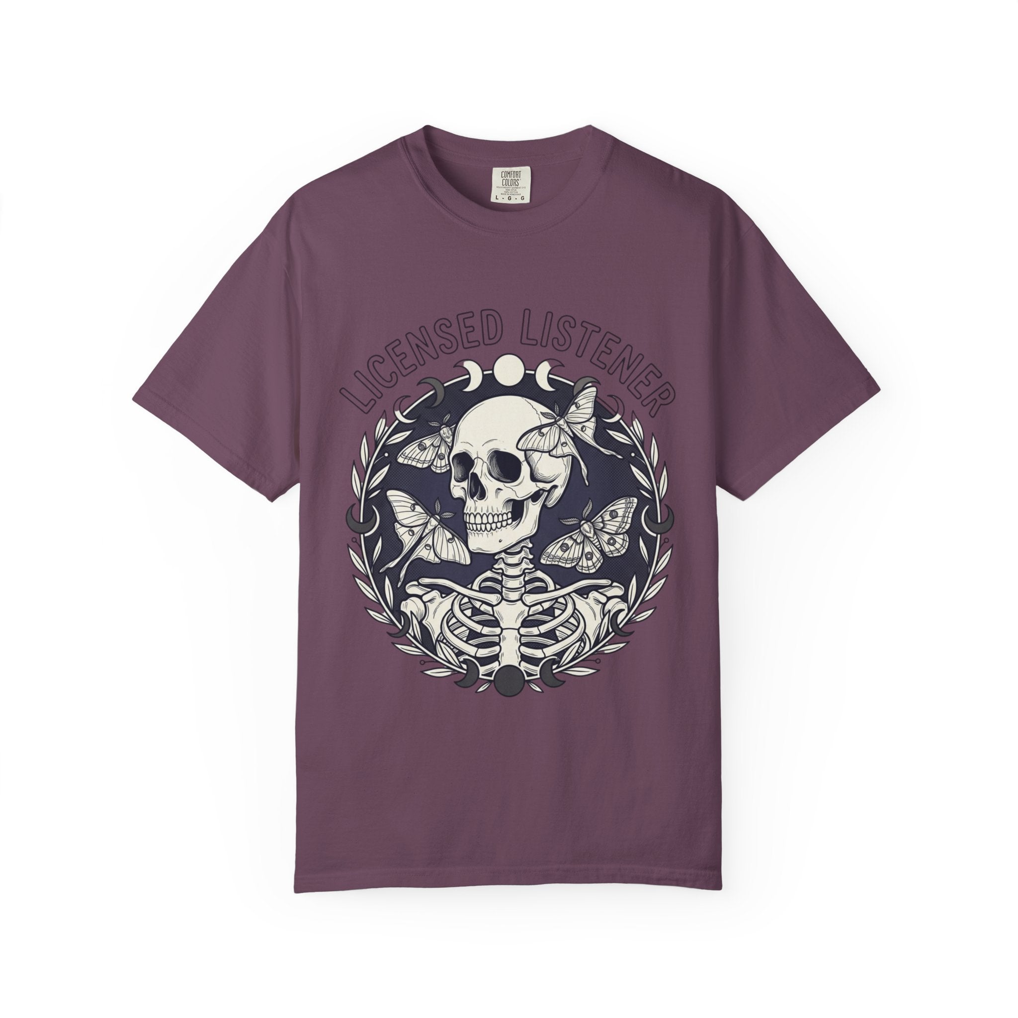 Licensed Listener Skull T-Shirt — Gothic Floral Graphic Tee for Music & Mystery Fans