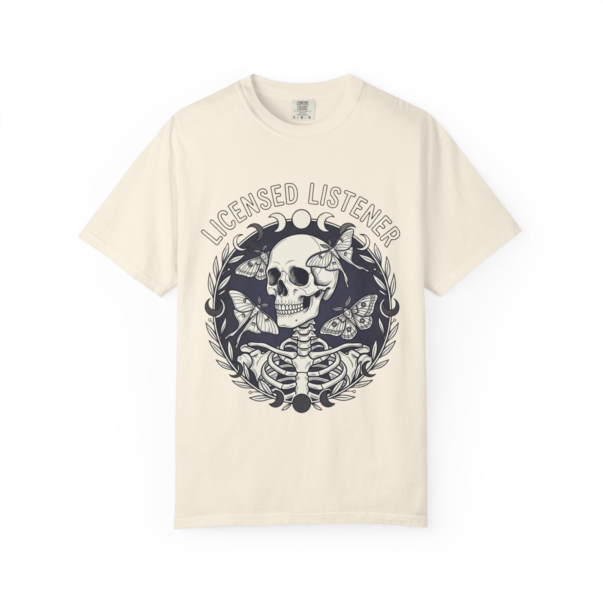Licensed Listener Skull T-Shirt — Gothic Floral Graphic Tee for Music & Mystery Fans