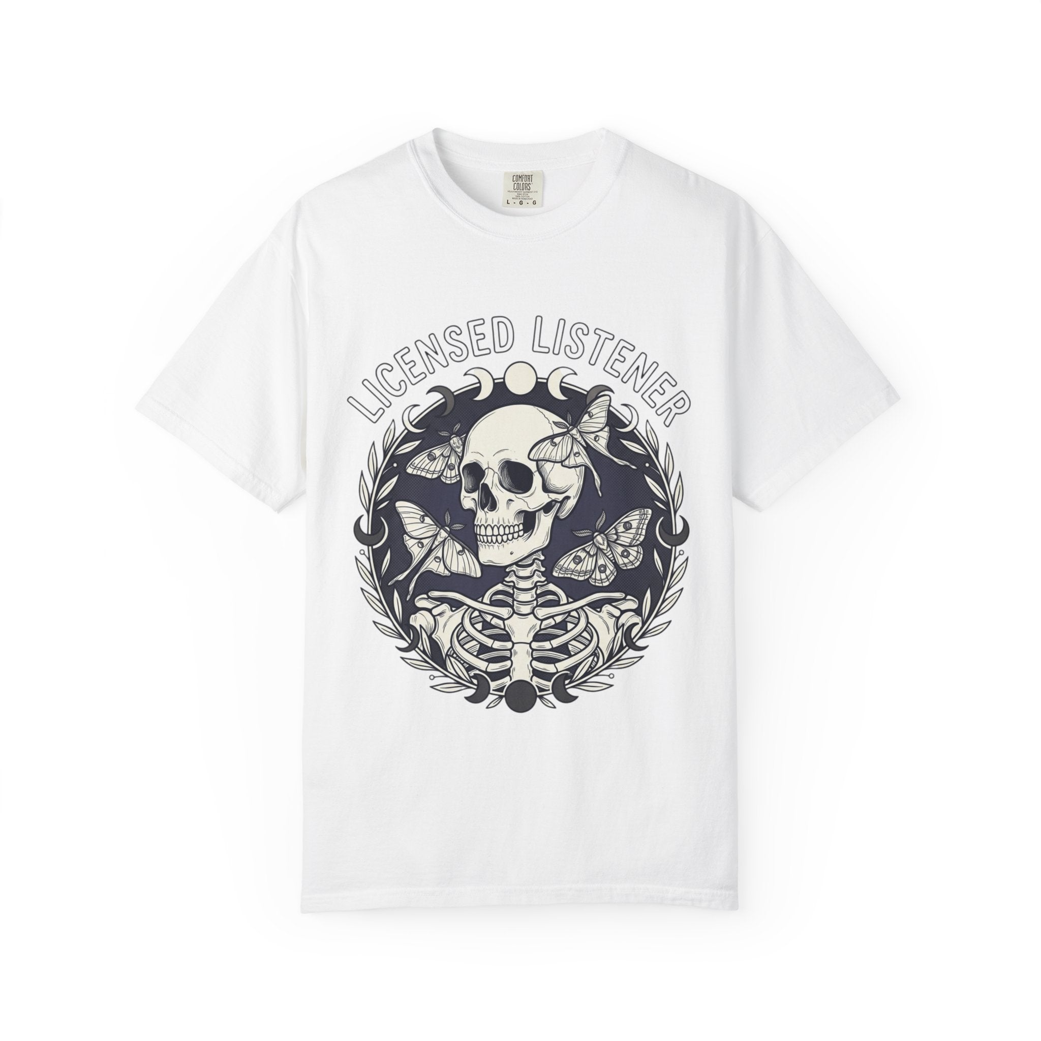 Licensed Listener Skull T-Shirt — Gothic Floral Graphic Tee for Music & Mystery Fans